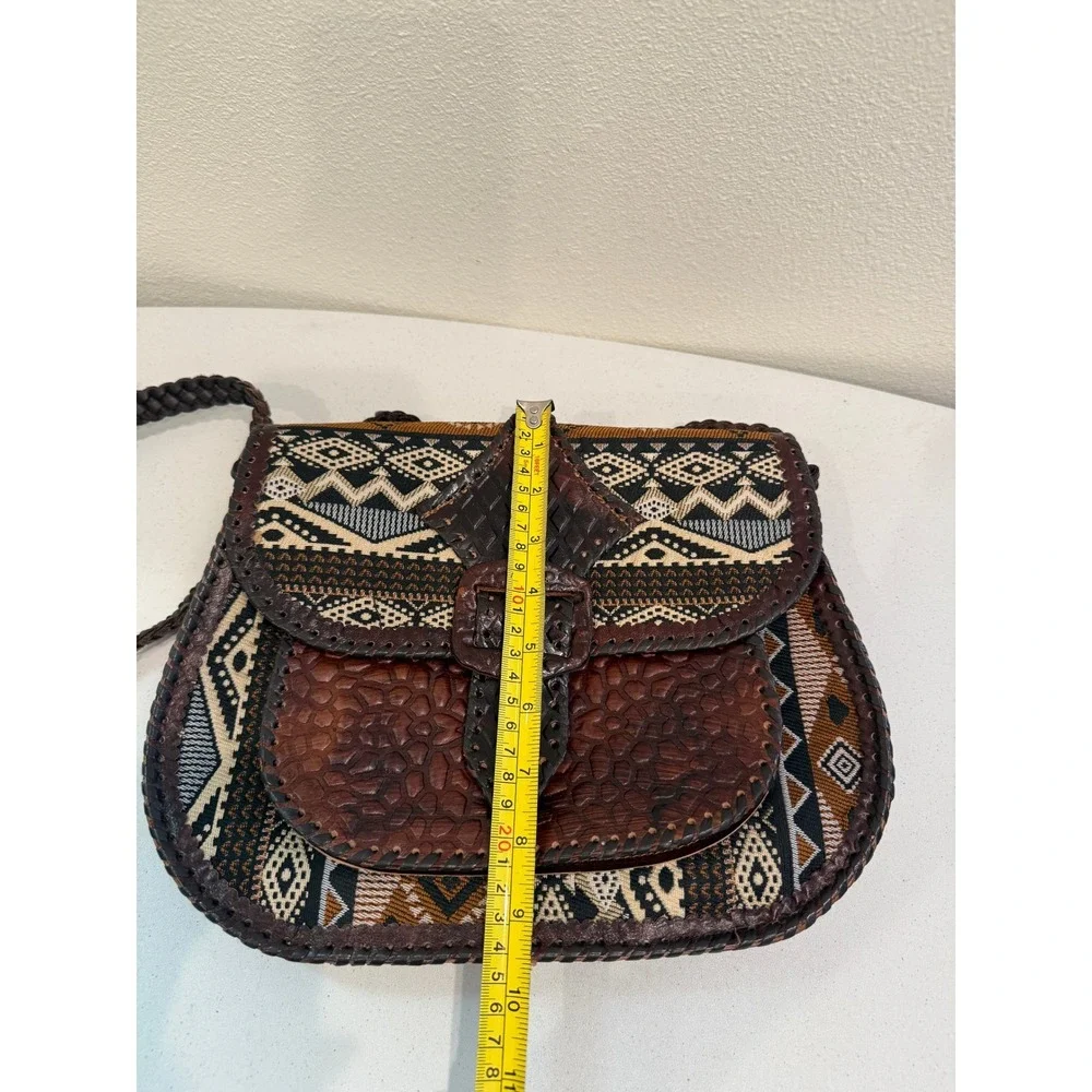 Artisan Tooled‎ Leather Woven Tapestry Crossbody Bag Boho Geometric Saddle Bag